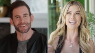 From left to right: Tarek El Moussa smiling and Christina Haack smiling both in their respective home tour videos for HGTV.